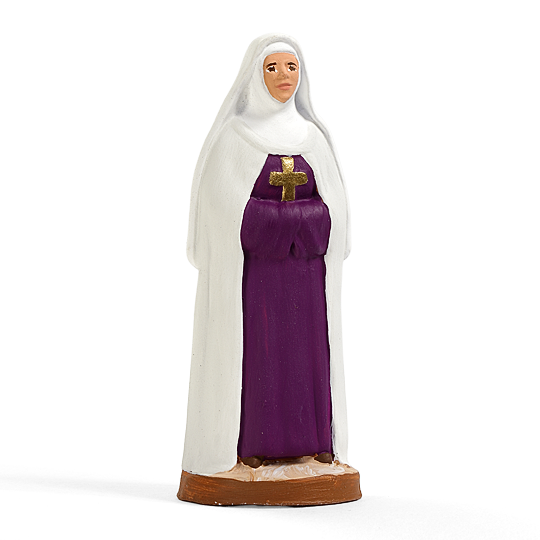 Santon Sainte Eugénie en robe violette, voile blanc et croix dorée, création du santonnier Arterra