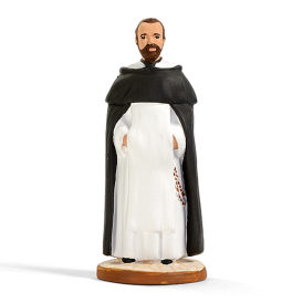 Santon de saint dominicain en habit blanc et cape noire, avec chapelet, création du santonnier Arterra