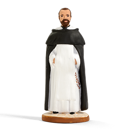 Santon de saint dominicain en habit blanc et cape noire, avec chapelet, création du santonnier Arterra