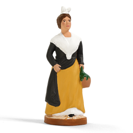 Santon Mireille à la cruche en jupe jaune, corsage noir et fichu blanc, création du santonnier Arterra
