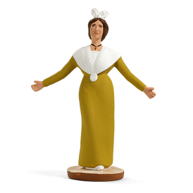 Santon Farandoleuse Mireille en robe jaune et fichu blanc, bras ouverts, création du santonnier Arterra