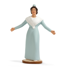 Santon Farandoleuse arlésienne en robe bleu clair et fichu blanc, bras ouverts, création du santonnier Arterra