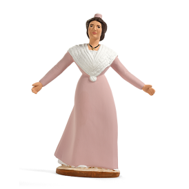 Santon Farandoleuse Pélerine en robe rose et fichu blanc, bras ouverts, création du santonnier Arterra
