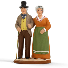 Santons Monsieur et Mme Jourdan en costumes provençaux, couple de la Pastorale Maurel, par Arterra