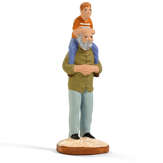 Santon Grand-père portant son petit-fils sur les épaules, scène familiale tendre, création du santonnier Arterra