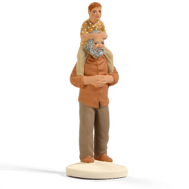 Santon Grand-père et petit-fils aux tons naturels, enfant sur les épaules, création du santonnier Arterra