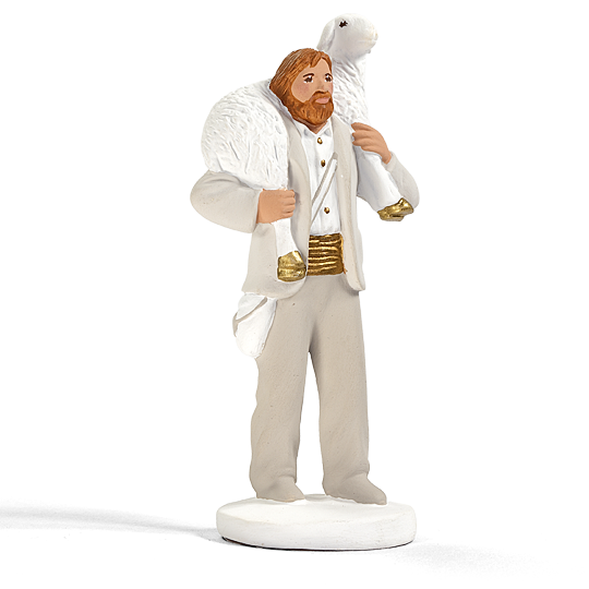 Santon Berger au mouton Les Blancs d’Arterra, en blanc et or, avec brebis sur les épaules