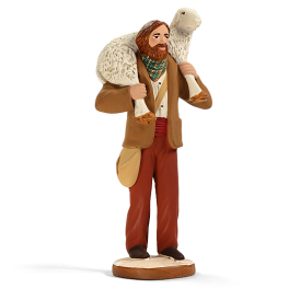 Santon Berger au mouton 12 cm, veste brune et pantalon rouge, création du santonnier Arterra