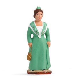 Santon de Provence d'une Arlésienne en robe verte et coiffe assortie, santonnier artisanal crèche de Noël